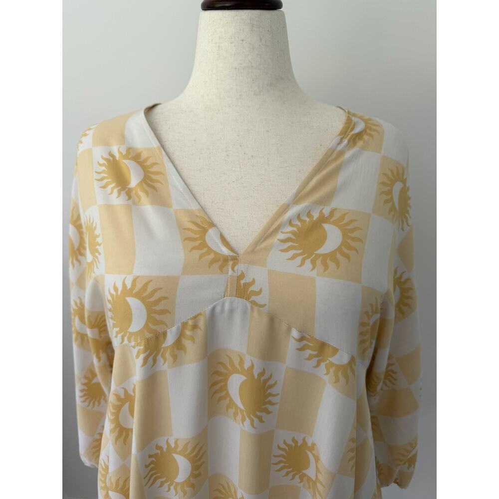 Label of Love Sun Moon Checker Tunic Dress L Yellow White Boho Celestial - Picture 4 of 11